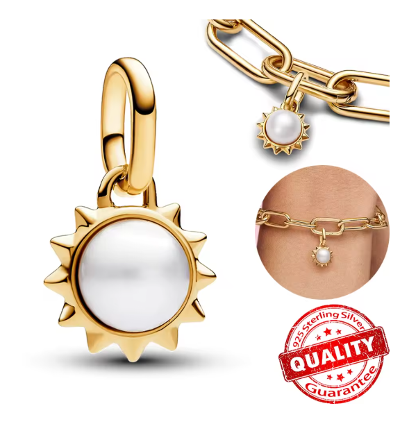 Charms Sterlingsilber 925 - Galaxie - vergoldet - Sonne - Strahlender Glanz mit Perlenkern