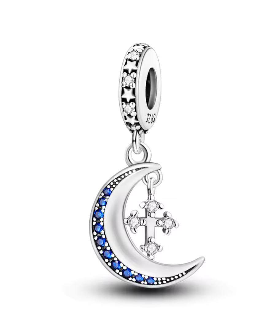 Charms Sterlingsilber 925 - Mond & Sternenkreuz - 925er Sterlingsilber mit blauen und klaren Zirkonia