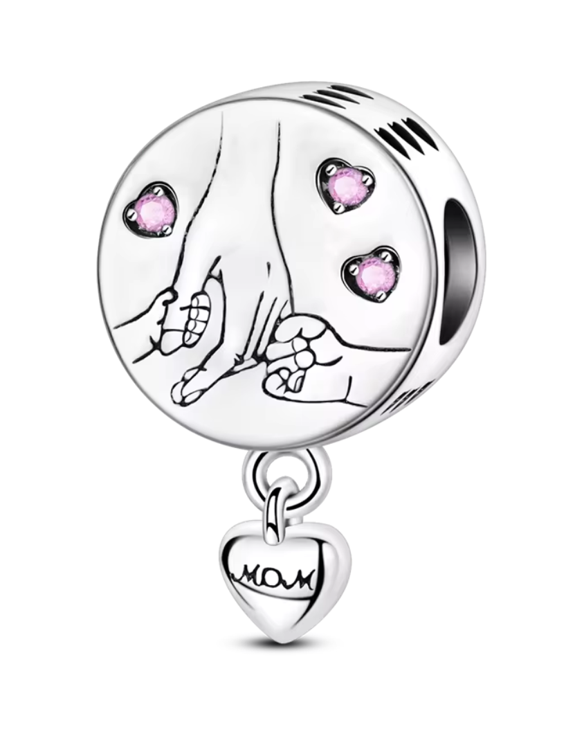 Charms Sterlingsilber 925 - Mama & Kinderhände - mit Herzanhänger – 925er Sterlingsilber & Rosa Zirkonia
