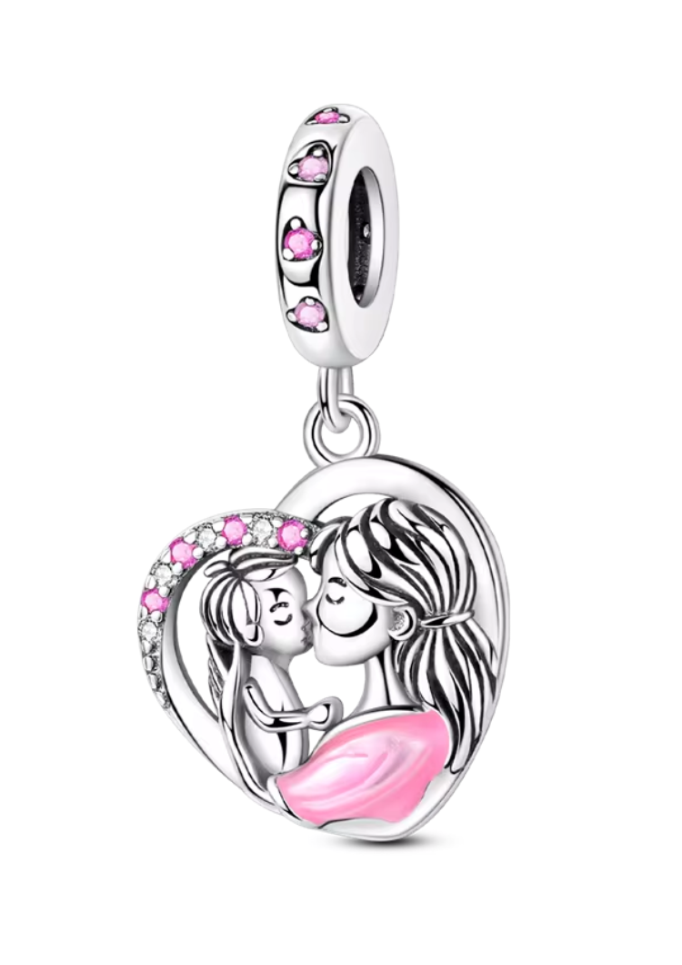 Charms Sterlingsilber 925 - Mama & Tochter Kuss - 925er Sterlingsilber mit rosa Zirkonia & Emaille