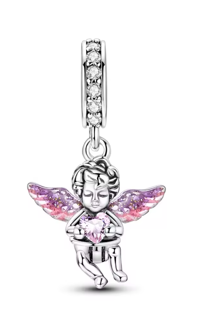 Charms Sterlingsilber 925 - Schutzengel der Liebe - 925er Sterlingsilber mit rosa Herz und Flügeln