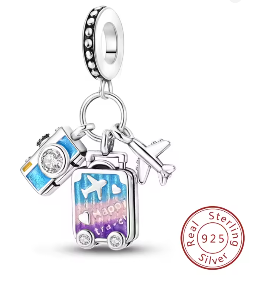Charms Sterlingsilber 925 - Happy Travel - Koffer, Kamera & Flugzeug aus 925er Sterlingsilber