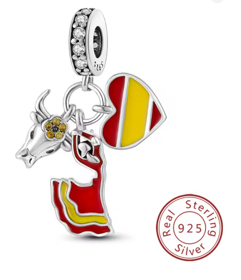 Charms Sterlingsilber 925 - Spanienliebe - Stier, Flamenco & Herz aus 925er Sterlingsilber