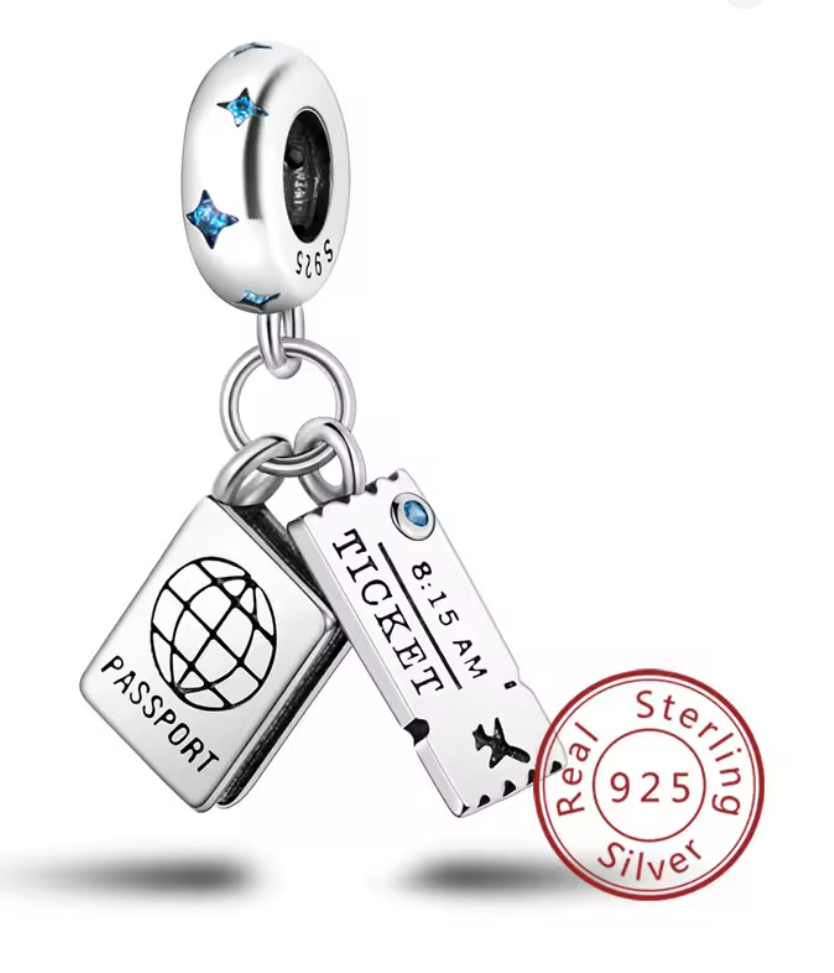 Charms Sterlingsilber 925 - Reisebereit - Reisepass & Flugticket aus 925er Sterlingsilber