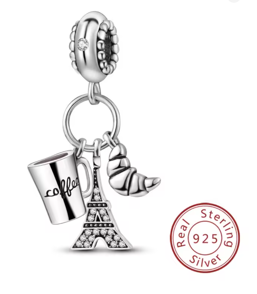 Charms Sterlingsilber 925 - Petit Déjeuner à Paris - Kaffee, Croissant & Eiffelturm aus 925er Sterlingsilber