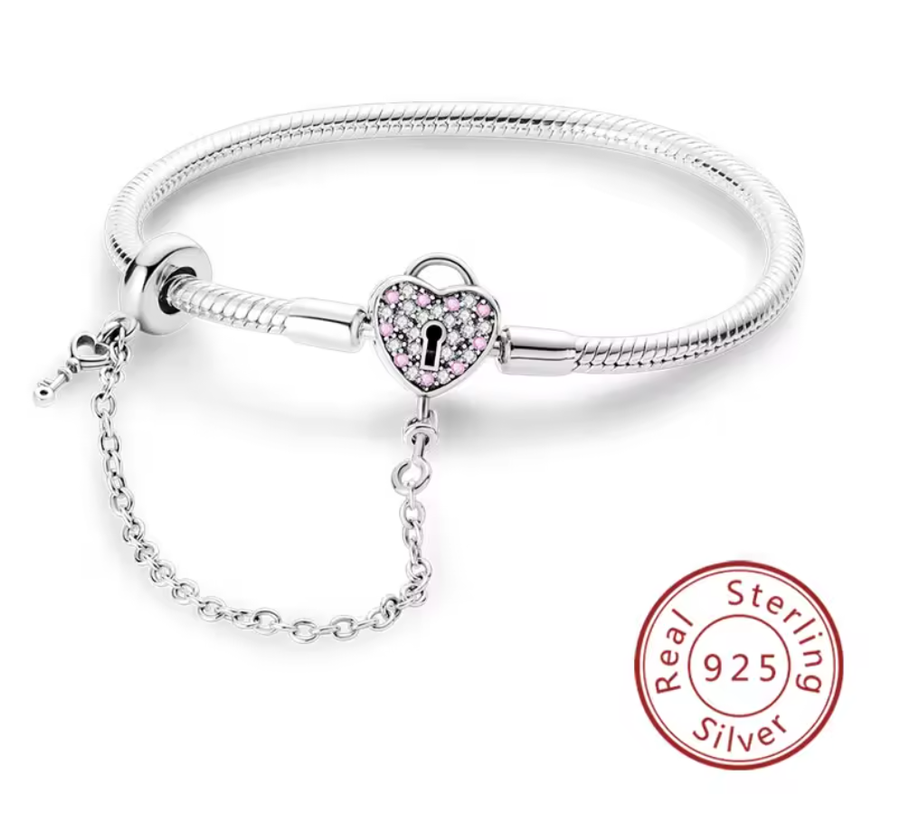 Armband Sterlingsilber 925 - Heart Lock – 925er Sterlingsilber mit Sicherheitskette & pinken Zirkonia