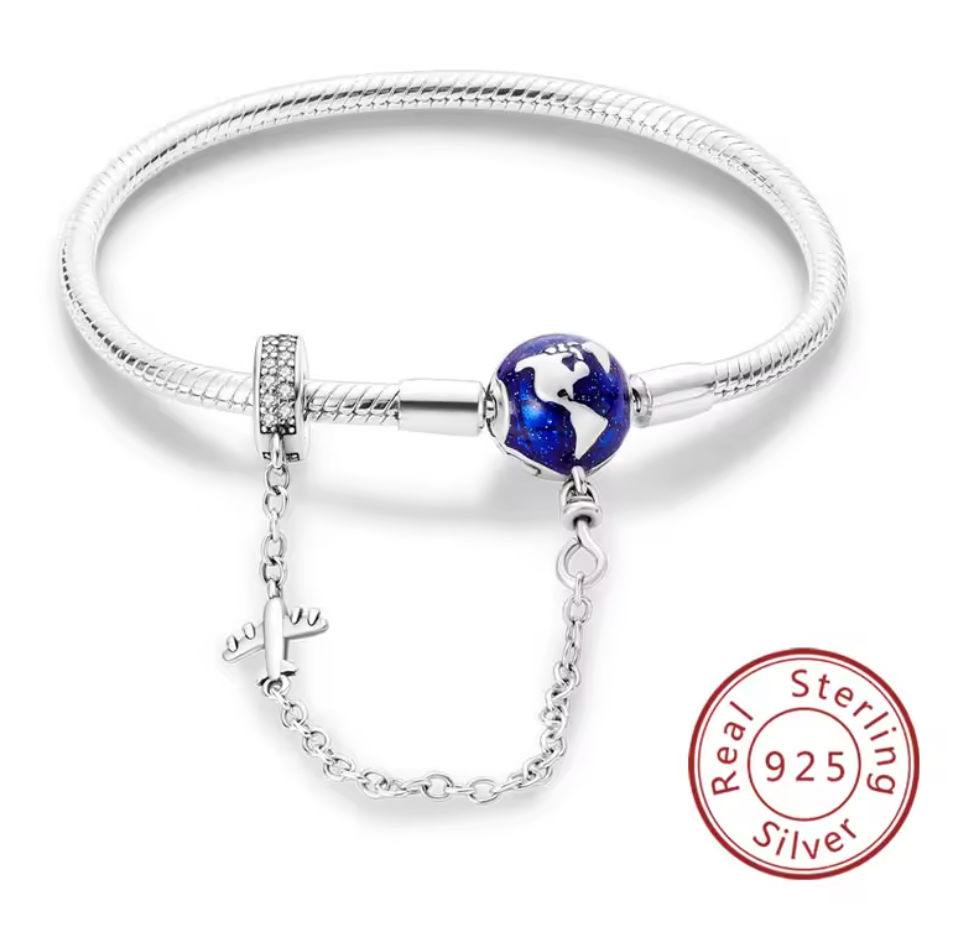 Armband Sterlingsilber 925 - Weltentdecker“ – 925er Sterlingsilber mit Globus & Flugzeug-Sicherheitskette