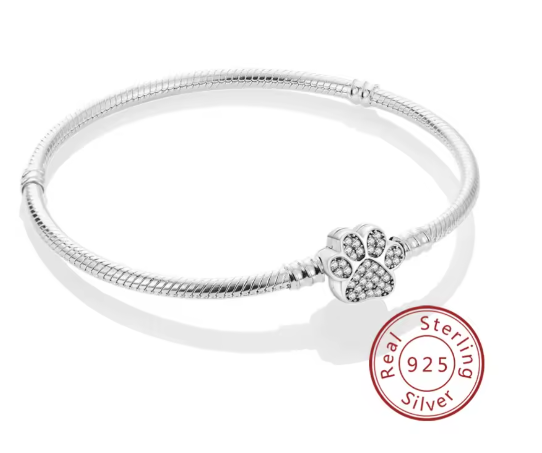 Armband Sterlingsilber 925 - Pfotenliebe“ – 925er Sterlingsilber mit Kristall-Pfotenverschluss