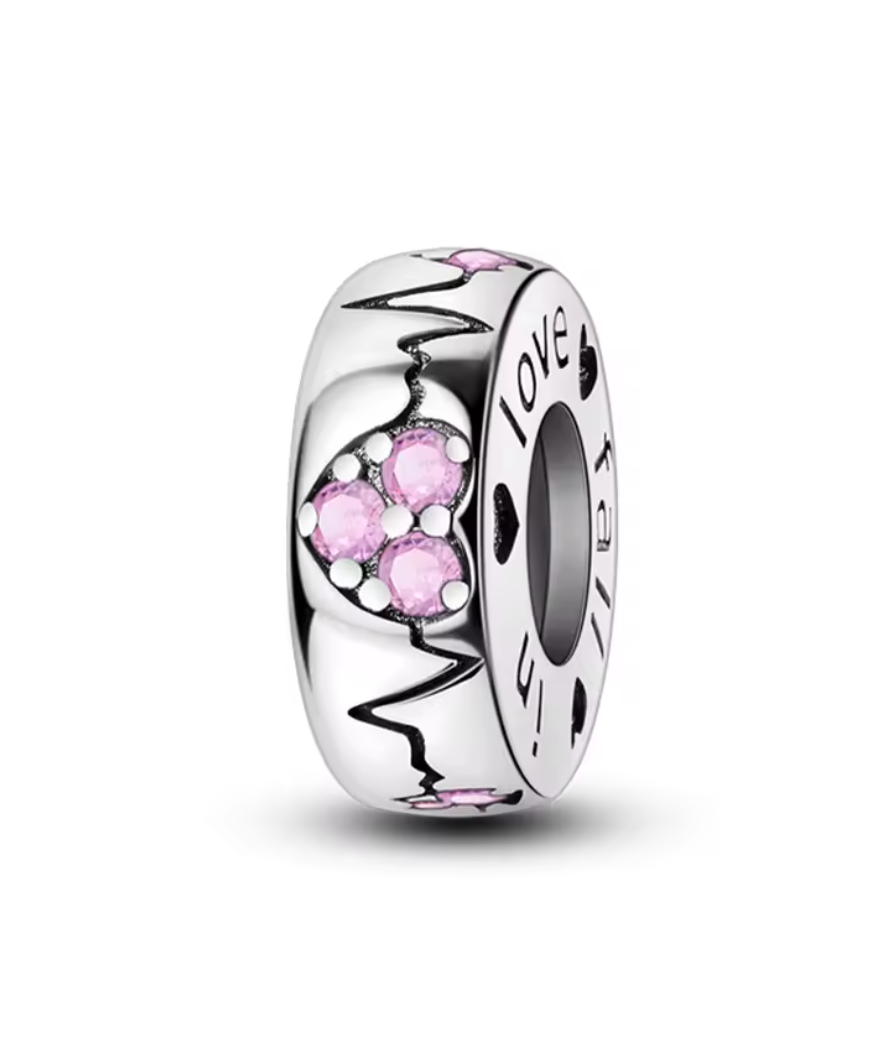 Charm Anhänger "Puls der Liebe – Pfötchen & Herzschlag" aus 925er Sterlingsilber mit rosa Kristallen – „love falls in“ Gravur