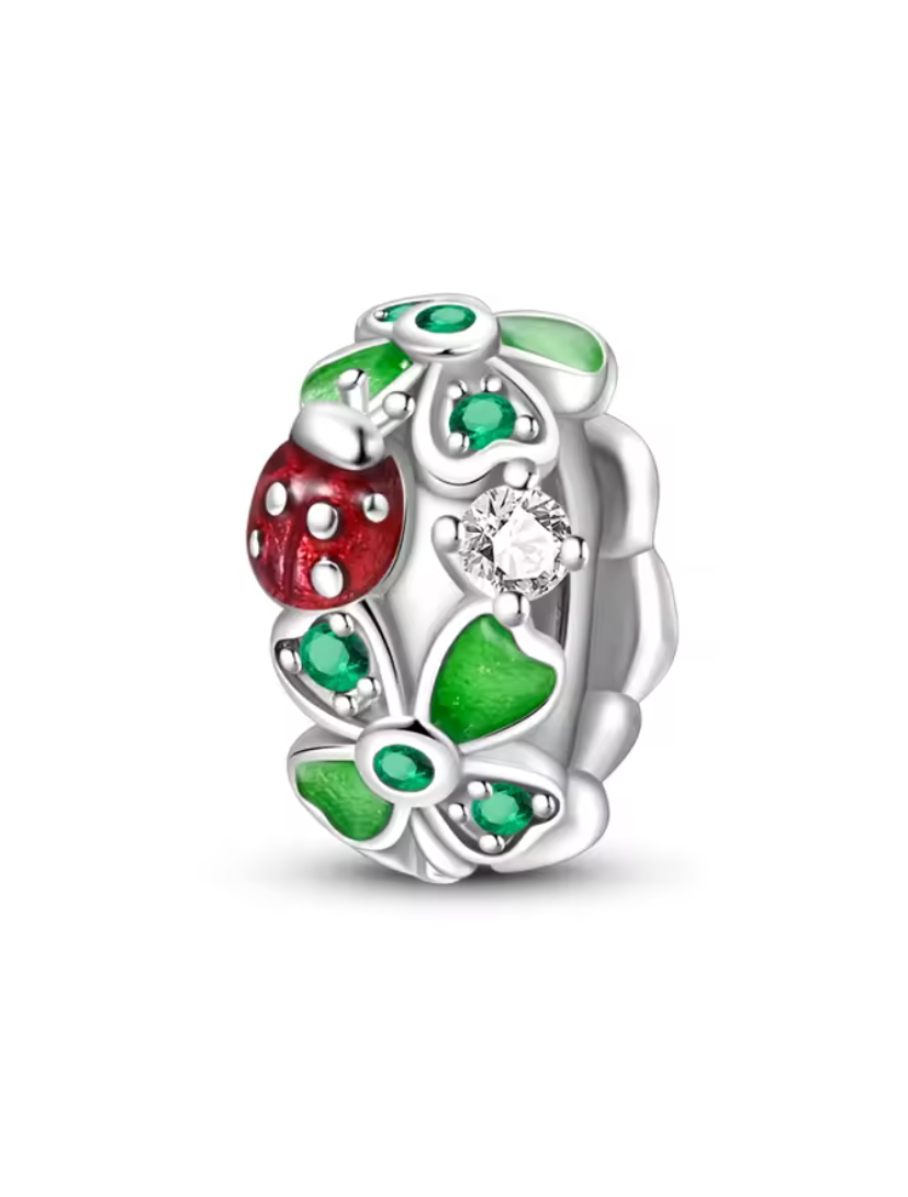 Charm Anhänger „Glücksbringer Marienkäfer & Kleeblatt“ – 925er Sterlingsilber