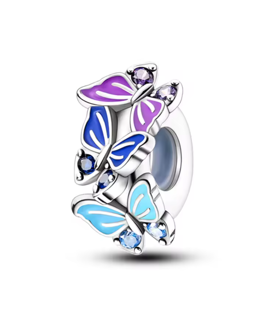 Charm Anhänger „Schmetterlingstanz“ aus 925er Sterlingsilber – Bunte Emaille & Kristalle