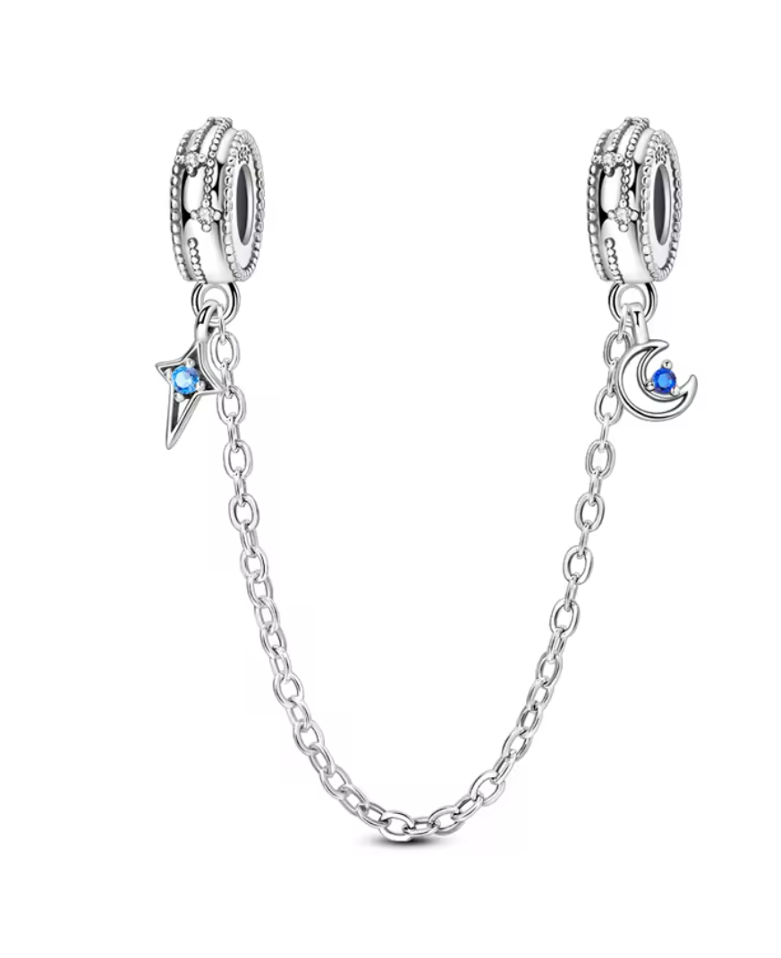 Sicherheitskette „Mond & Stern“ – Charm Anhänger aus 925er Sterlingsilber mit blauen Zirkonia