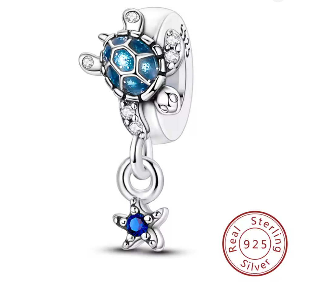 Charms Sterlingsilber 925 - Ozean - Schildkröte, Seestern, Blau