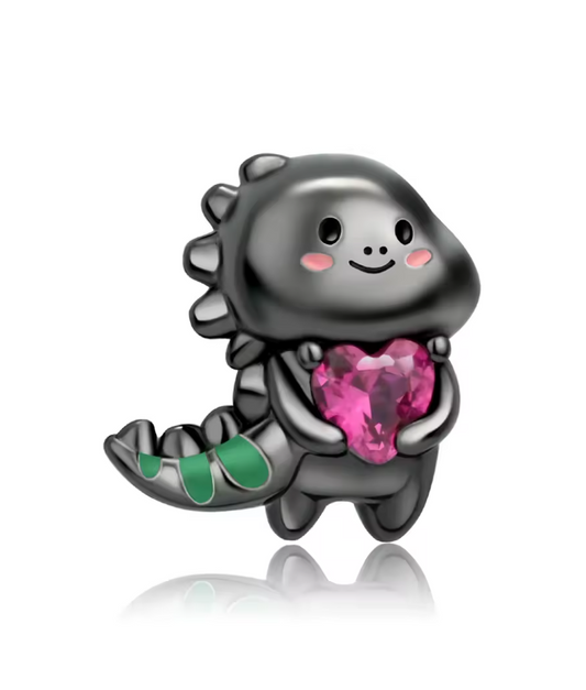 Charms Sterlingsilber 925 - Dino mit Herz - 925er Sterlingsilber, schwarz & bunt emailliert