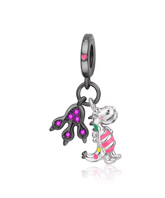 Charms Sterlingsilber 925 - Bunter Dino & Pfote - 925er Sterlingsilber mit Emaille & Kristallen