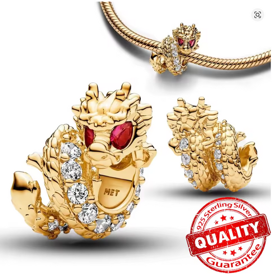 Charms Sterlingsilber 925 - Goldener Drache - 925er Sterlingsilber vergoldet mit Zirkonia & Rubinoptik