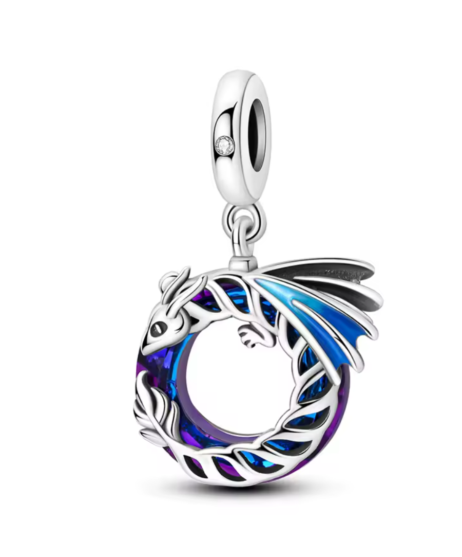 Charms Sterlingsilber 925 - Kreisdrache - 925er Sterlingsilber mit Kristallring & blauen Flügeln