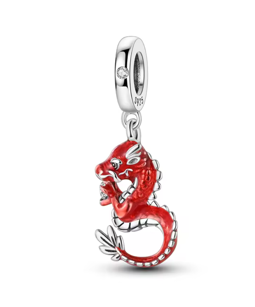 Charms Sterlingsilber 925 - Roter Glücksdrache - 925er Sterlingsilber mit Emaille & Zirkonia