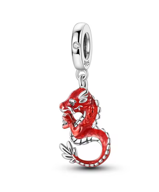 Charms Sterlingsilber 925 - Roter Glücksdrache - 925er Sterlingsilber mit Emaille & Zirkonia