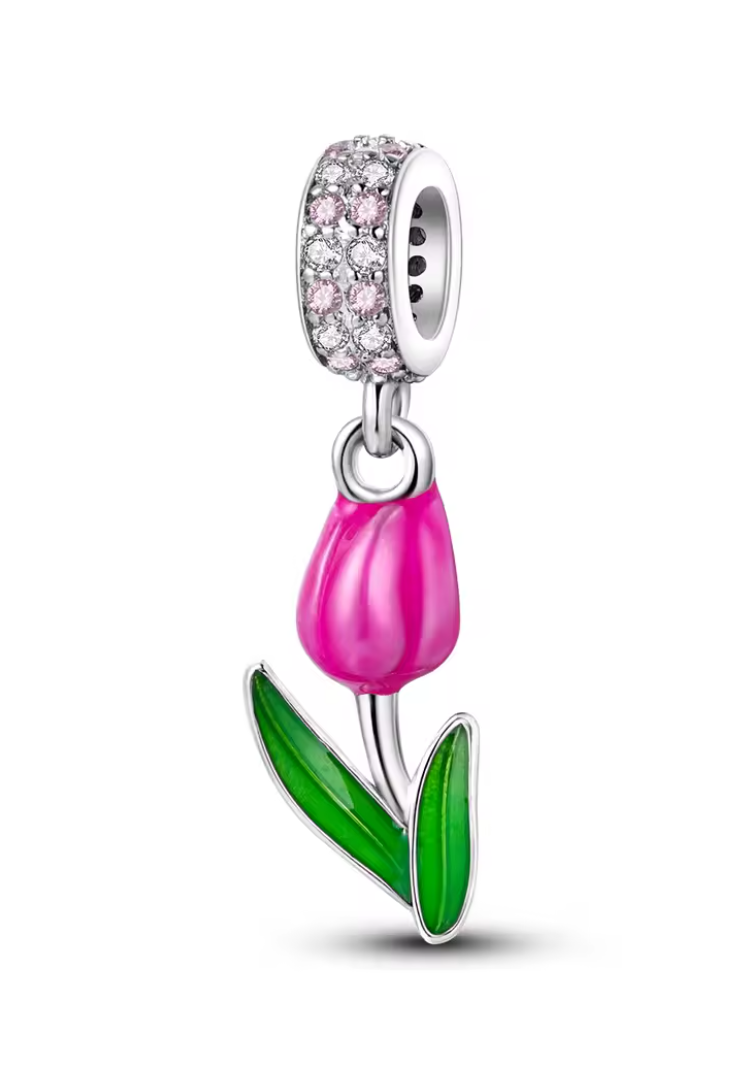 Charms Sterlingsilber 925 - Pinkfarbene Tulpe - aus 925er Sterlingsilber mit Emaille & Zirkonia