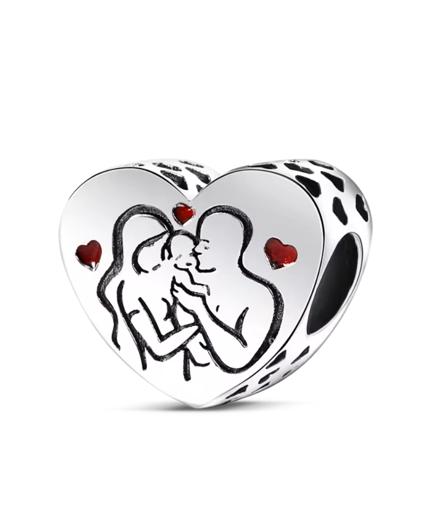 Charms Sterlingsilber 925 - Eltern mit Baby - Herzanhänger aus 925er Sterlingsilber – Familienliebe in Gravur & Emaille