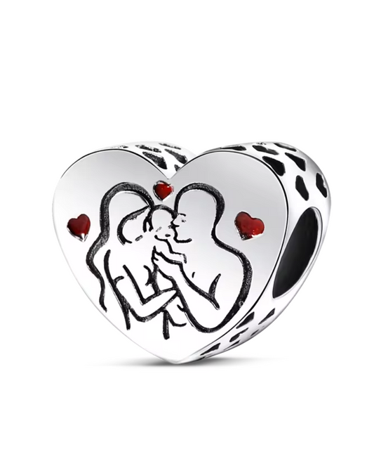 Charms Sterlingsilber 925 - Eltern mit Baby - Herzanhänger aus 925er Sterlingsilber – Familienliebe in Gravur & Emaille