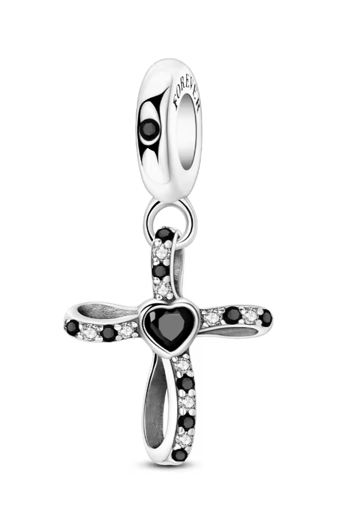 Charms Sterlingsilber 925 - Kreuz der ewigen Liebe - 925er Sterlingsilber mit schwarzen & weißen Zirkonia