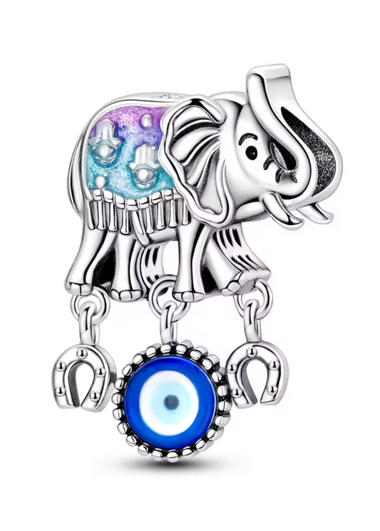 Charms Sterlingsilber 925 - Schutz & Glück - Elefant mit Nazar & Hufeisen | 925er Sterlingsilber