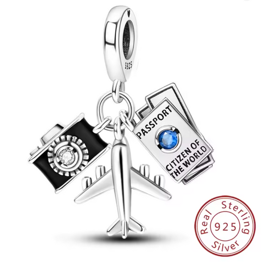 Charms Sterlingsilber 925 - Weltentdecker - Flugzeug, Kamera & Reisepass aus 925er Sterlingsilber