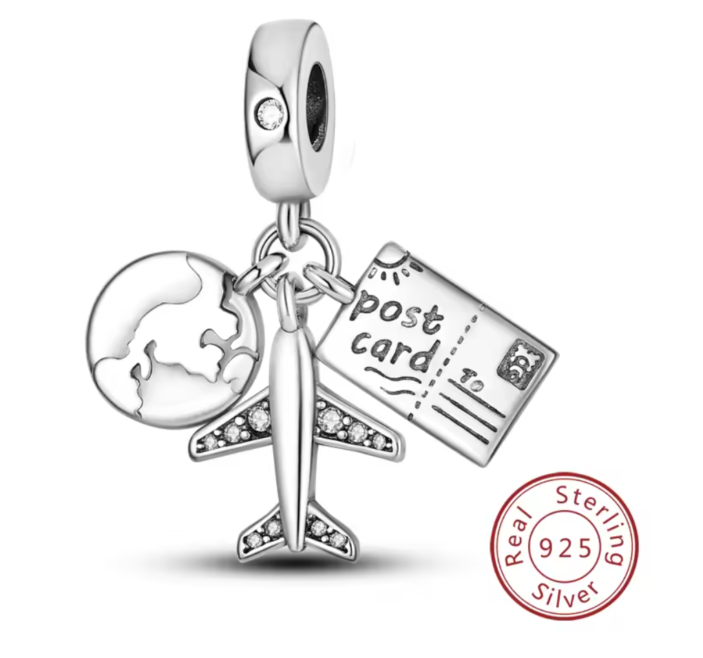 Charms Sterlingsilber 925 - Reisegrüße - Weltkugel, Flugzeug & Postkarte aus 925er Sterlingsilber