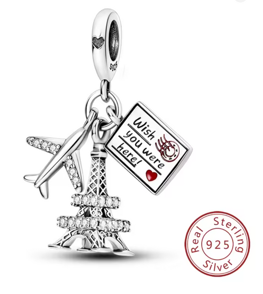 Charms Sterlingsilber 925 - Paris Reise - Eiffelturm, Flugzeug & Postkarte aus 925er Sterlingsilber