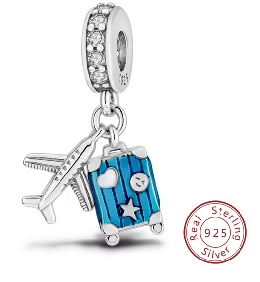 Charms Sterlingsilber 925 - Reisekoffer & Flugzeug - Abenteuerlust in 925er Sterlingsilber