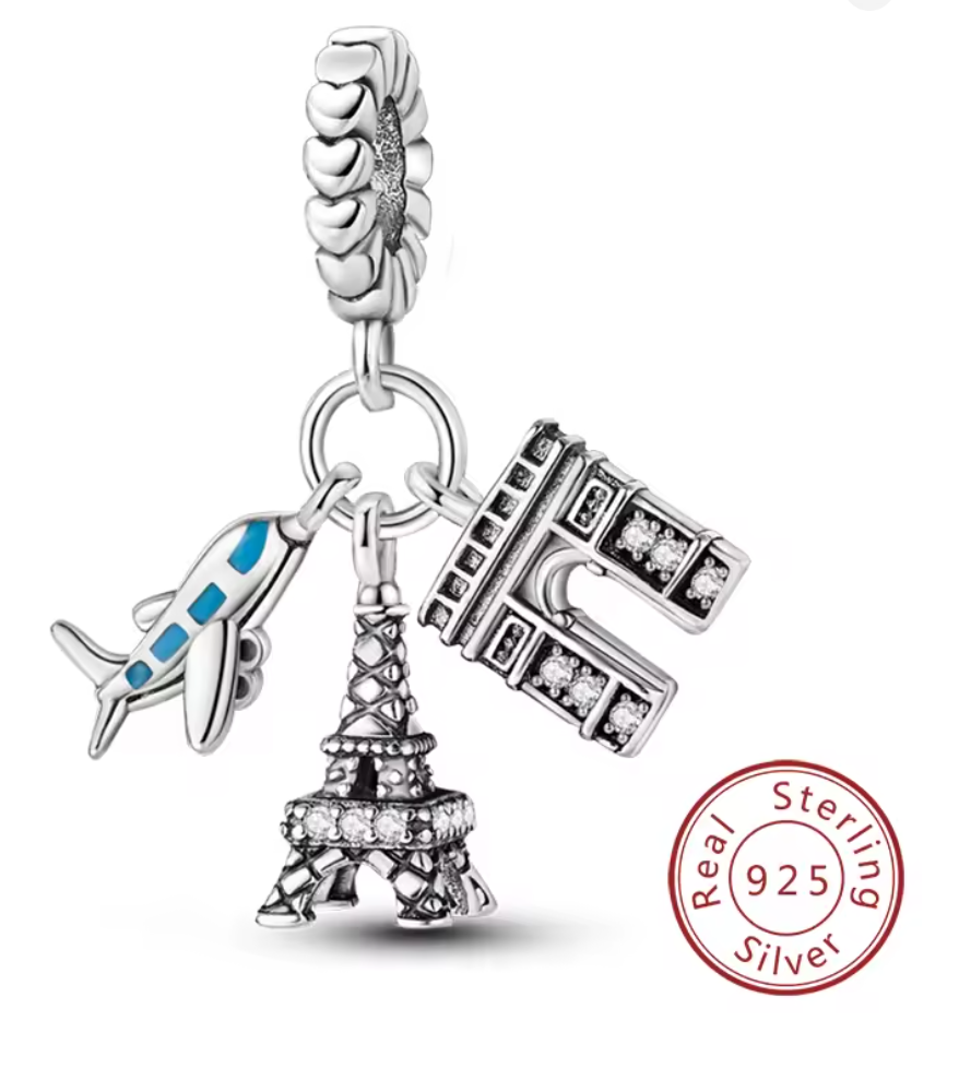 Charms Sterlingsilber 925 - Bonjour Paris - Eiffelturm, Flugzeug & Triumphbogen 925er Sterlingsilber