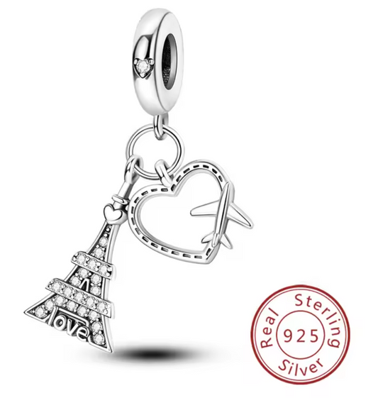 Charms Sterlingsilber 925 - Love Paris - Eiffelturm, Herz & Flugzeug aus 925er Sterlingsilber