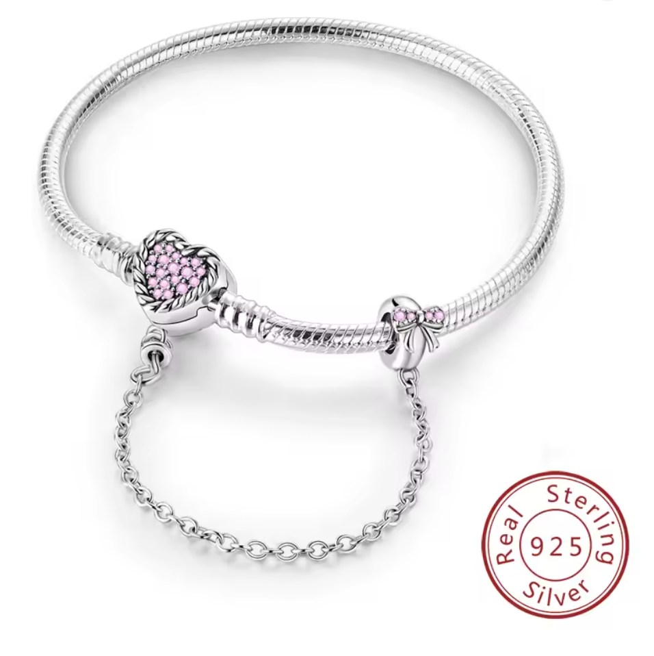 Armband Sterlingsilber 925 - Herzensschloss – 925er Sterlingsilber mit rosa Zirkonia & Sicherheitskette
