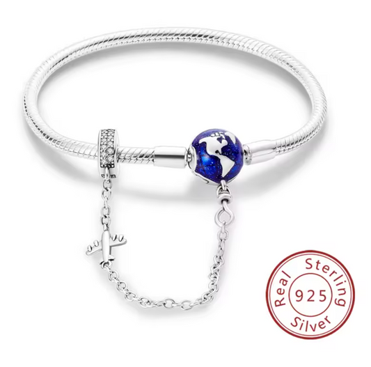 Armband Sterlingsilber 925 - Weltentdecker“ – 925er Sterlingsilber mit Globus & Flugzeug-Sicherheitskette