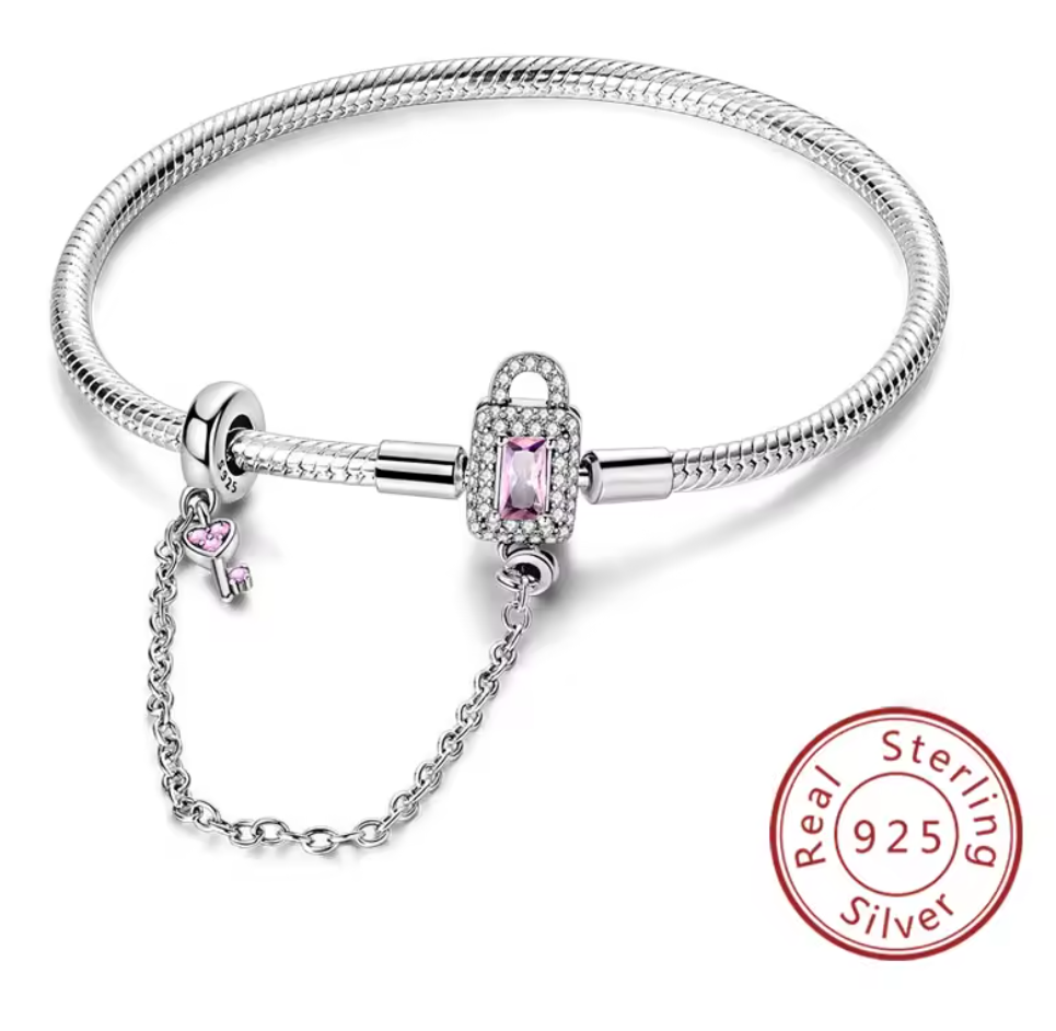 Armband Sterlingsilber 925 - Schloss & Schlüssel mit roséfarbenem Zirkonia – Symbol der Verbundenheit