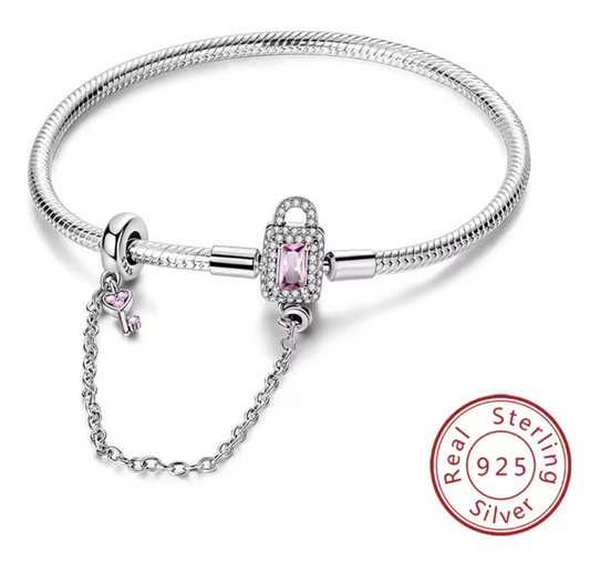Armband Sterlingsilber 925 - Schloss & Schlüssel mit roséfarbenem Zirkonia – Symbol der Verbundenheit