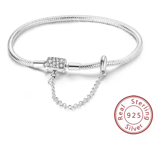 Armband Sterlingsilber 925 - Eleganz mit funkelndem Zylinder-Verschluss & Sicherheitskette