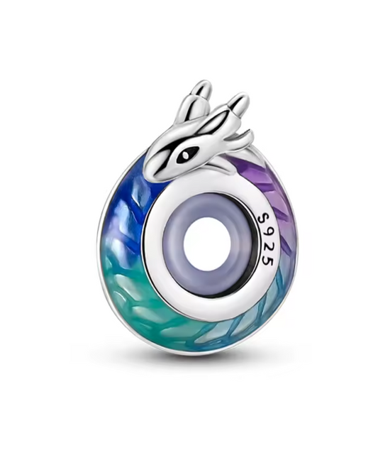Charm Anhänger "Drachenkreis der Elemente" aus 925er Sterlingsilber – Farbverlauf Emaille in Grün, Blau & Violett
