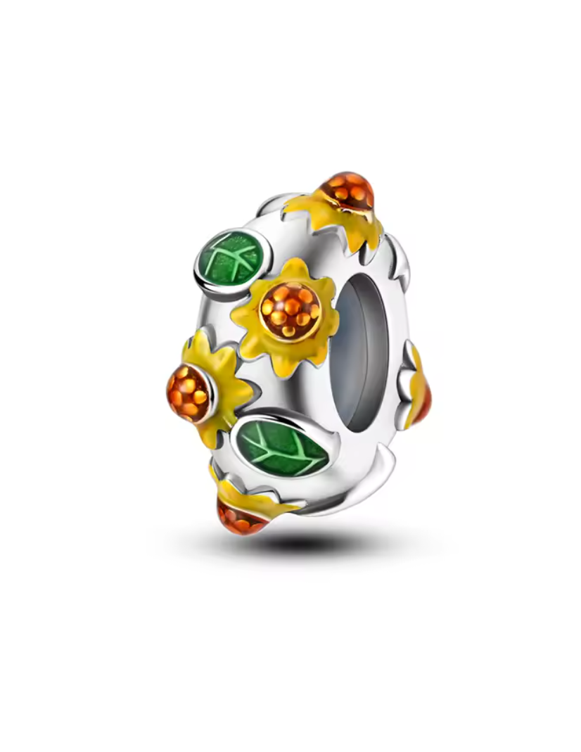 Charm Anhänger "Sommerwiese" aus 925er Sterlingsilber – Sonnenblumen & Blätter mit bunter Emaille
