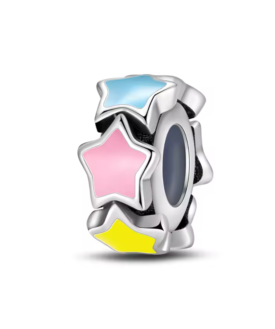 Charm Anhänger "Bunte Sternenfreude" aus 925er Sterlingsilber – Pastell-Emaille in Rosa, Blau & Gelb