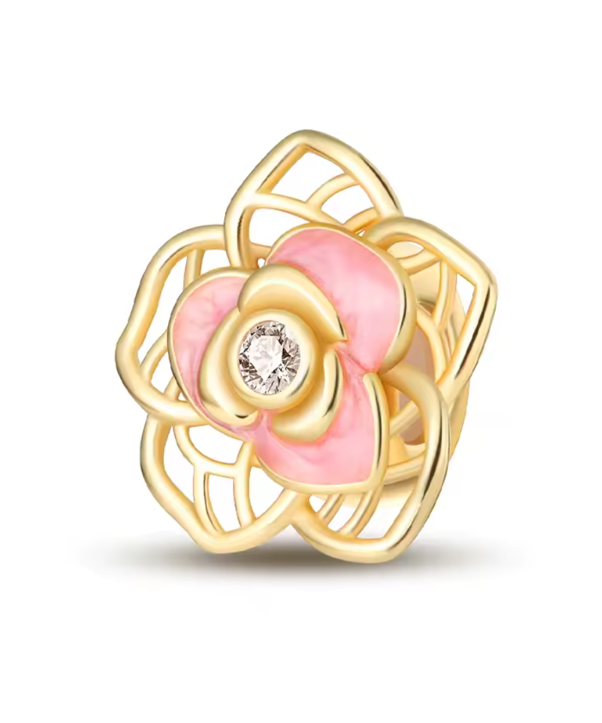 Charm Anhänger „Goldene Blume der Liebe“ – 925er Sterlingsilber vergoldet mit Zirkonia & rosa Emaille