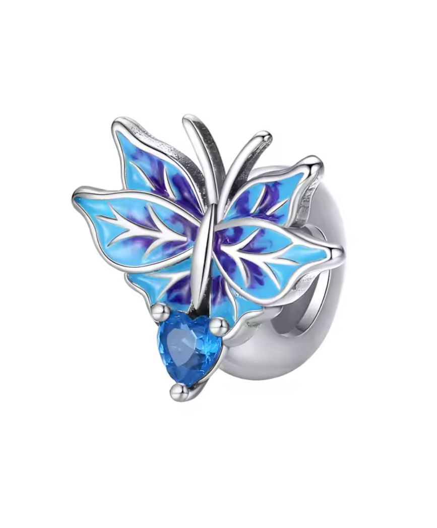 Charm Anhänger „Blauer Schmetterling“ – 925er Sterlingsilber mit Emaille & Herz-Zirkonia