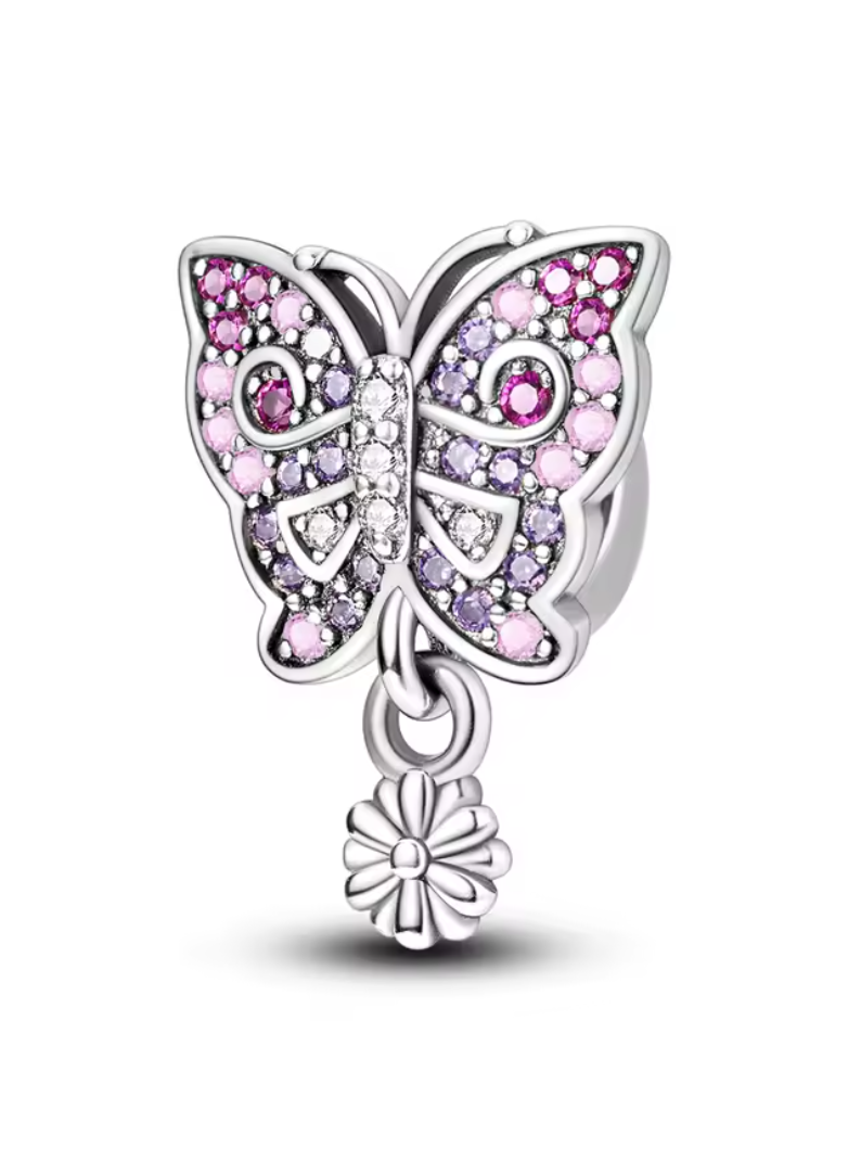 Charm Anhänger „Schmetterling mit Blume“ – 925er Sterlingsilber, pink-violett glitzernd