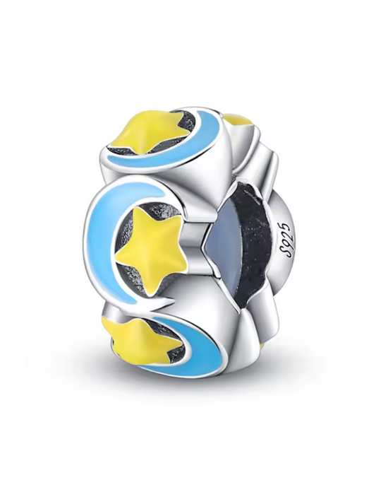 Charm "Mond & Sterne" – 925er Sterling Silber Anhänger mit Emaille in Blau & Gelb