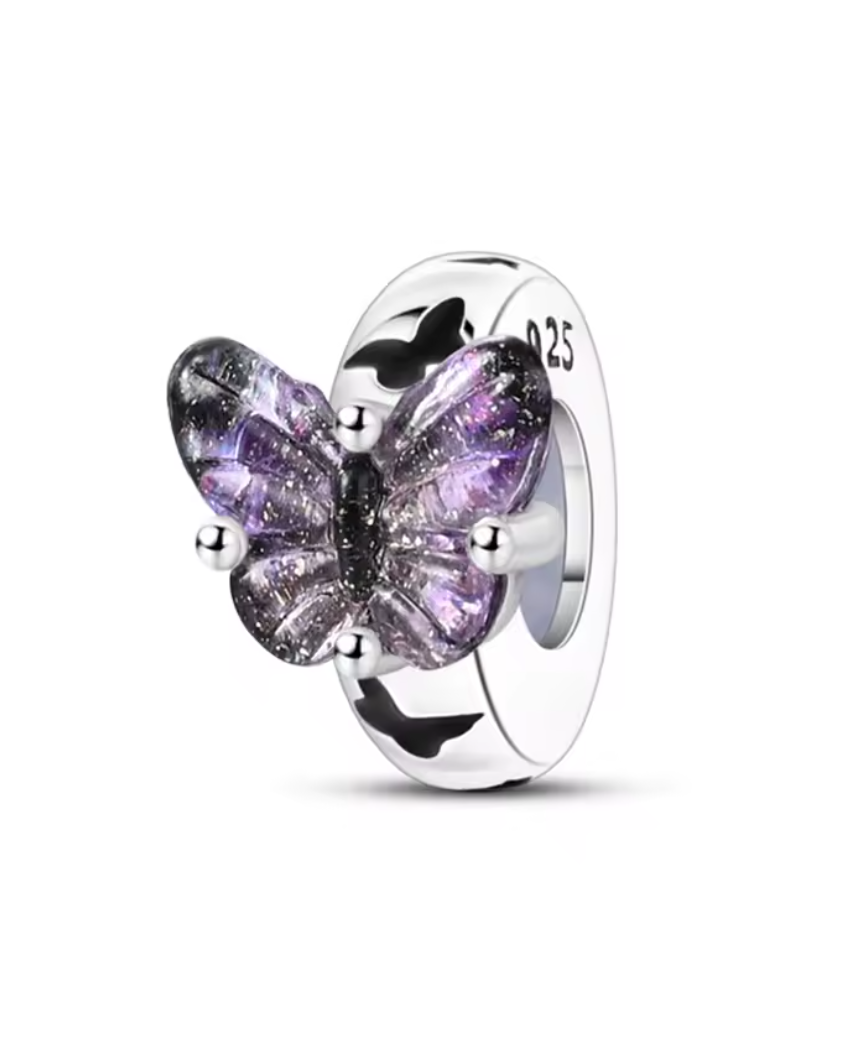 Charm „Galaxie-Schmetterling“ – 925 Sterling Silber mit violettem Glitzer-Effekt
