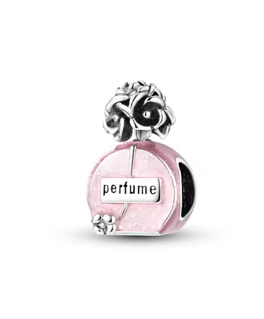 Charm Anhänger „Parfumflakon Rosé“ aus 925er Sterlingsilber – mit Emaille & Blumen-Detail