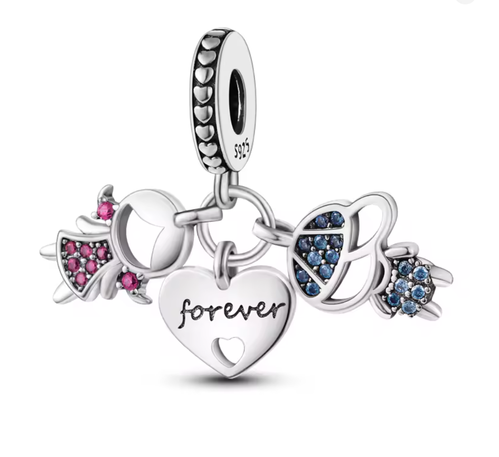 Charm Anhänger „Forever Friends“ – 925er Sterlingsilber mit Jungen & Mädchen Symbolen, Herzgravur & Zirkonia