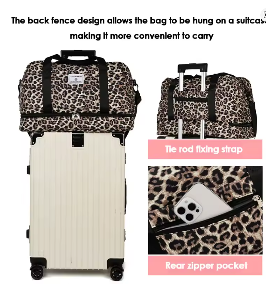 Reisetasche Leopardenmuster 49,5x32x24 cm – Große Sporttasche mit Schuhfach, Wochenendtasche Damen, leicht & robust, Fitness & Reise, 3 Farben